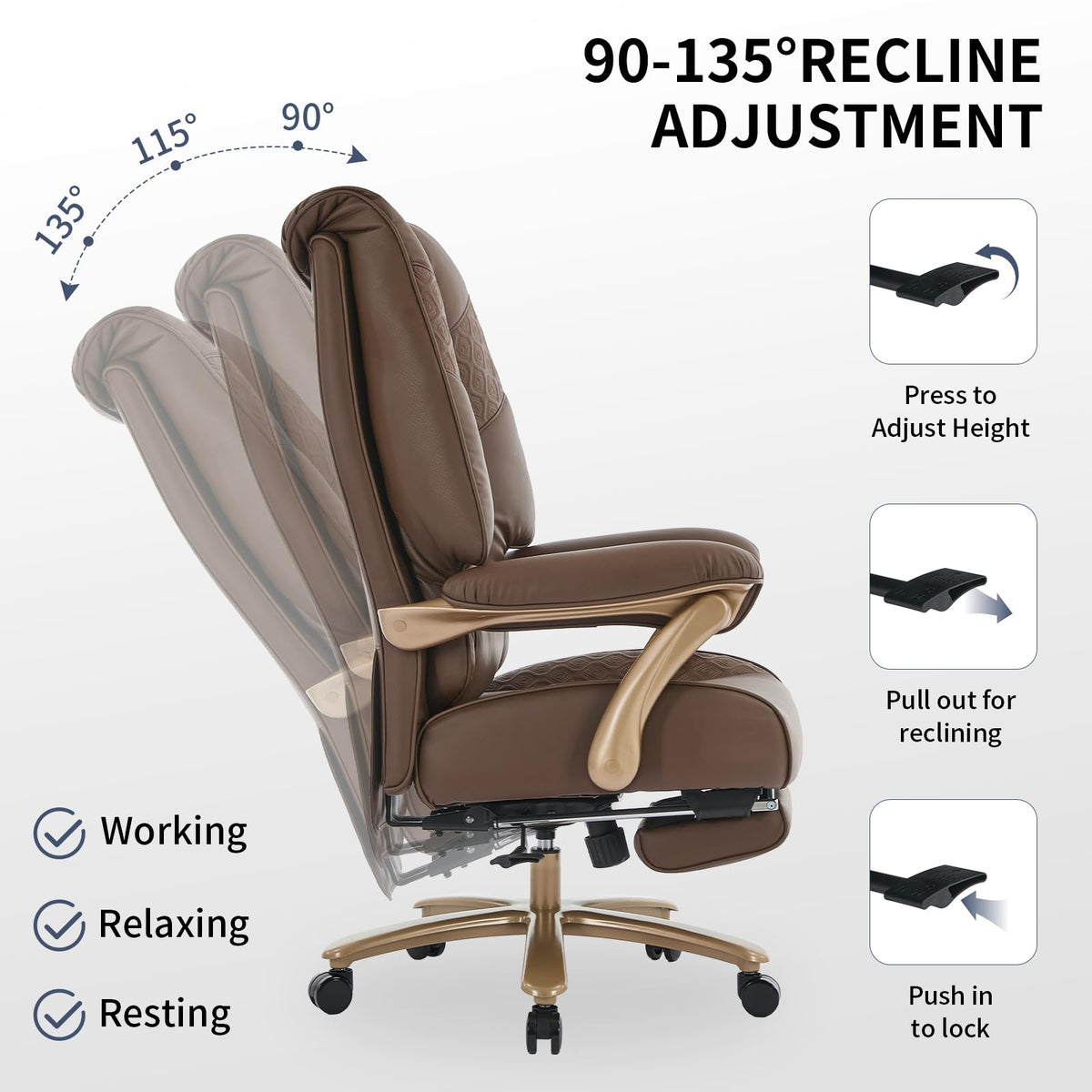 Big and Tall Ergonomic Office Chair with Footrest, 400LBS Capacity Brown PU Leather W3524