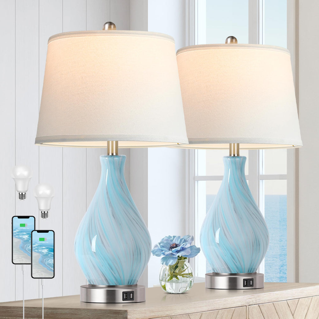 Set of 2 Touch Control Art Glass Table Lamp with USB Ports M83754