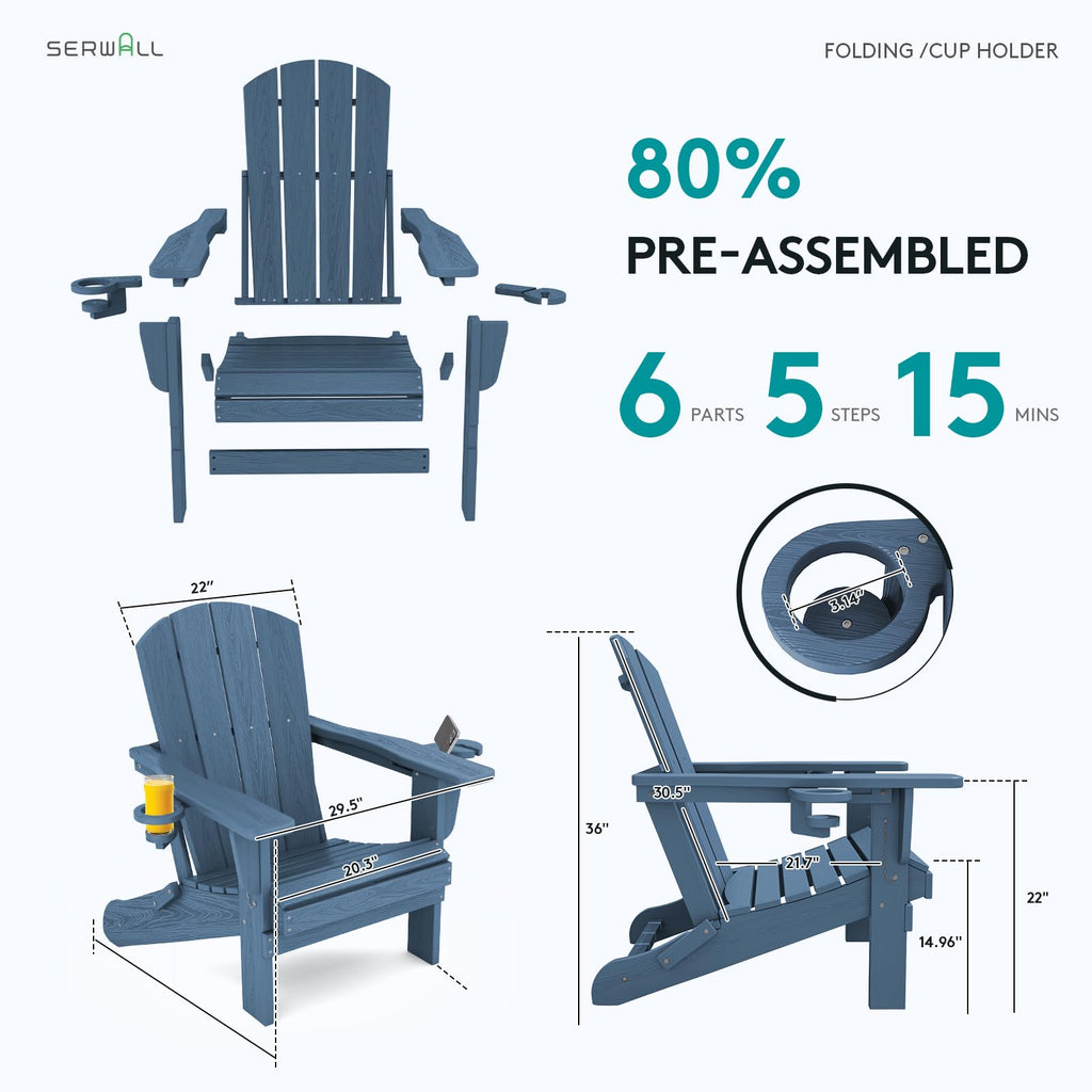 Blue Foldable Adirondack Chair Set of 2 with Cup Holders Q700