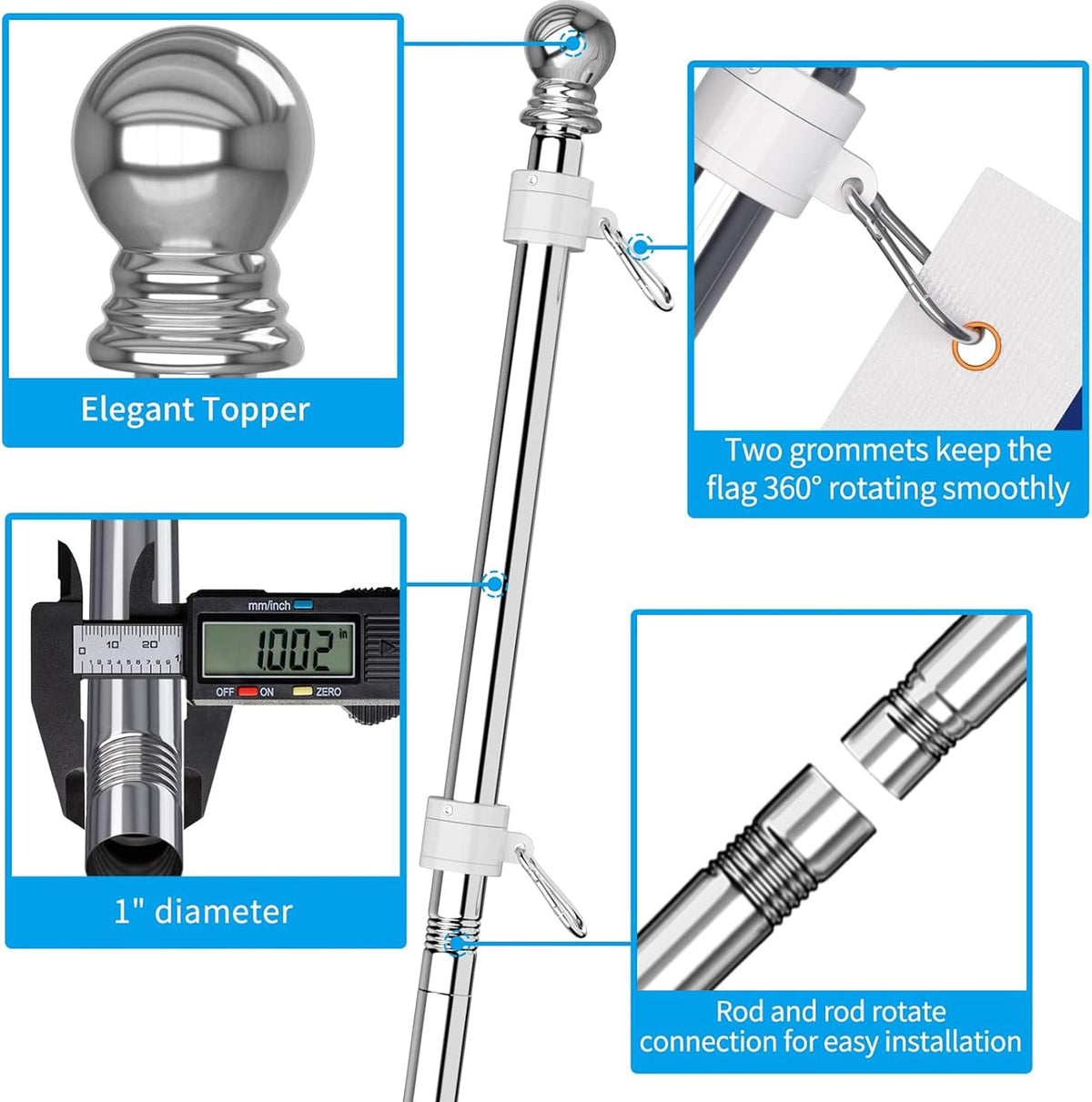 6 FT Stainless Steel Tangle Free Flag Pole Kit S13208