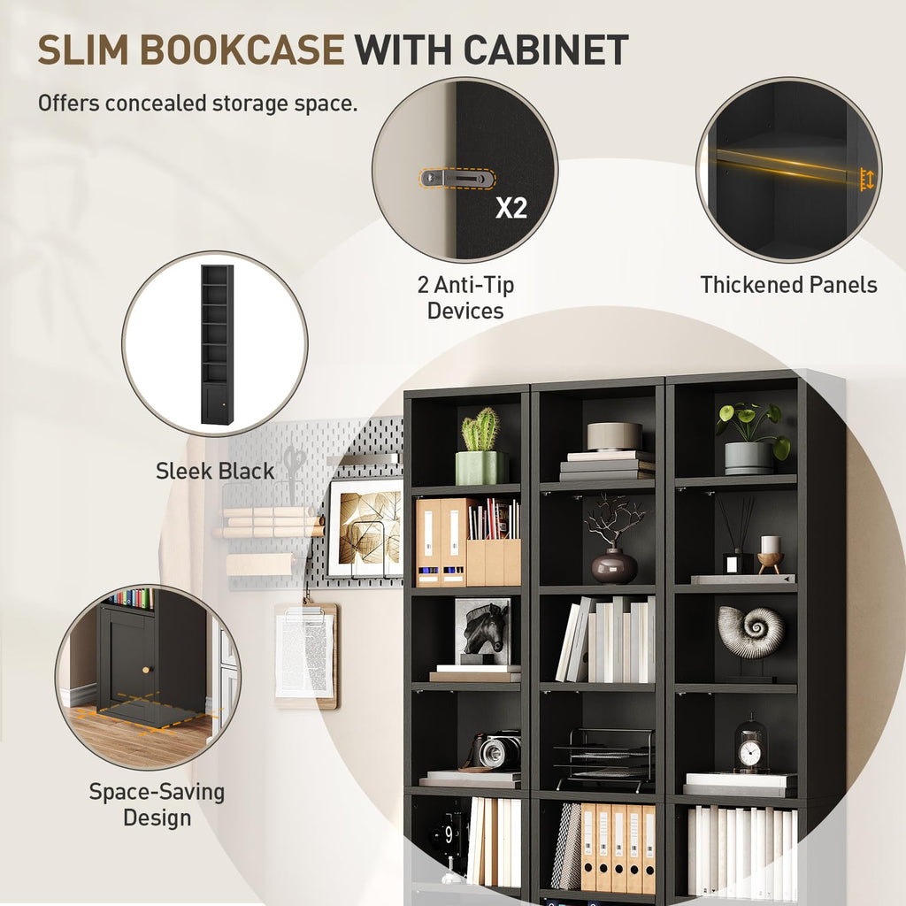 7-Tier Narrow Bookshelf with Door and Storage Cabinet, Black K959182