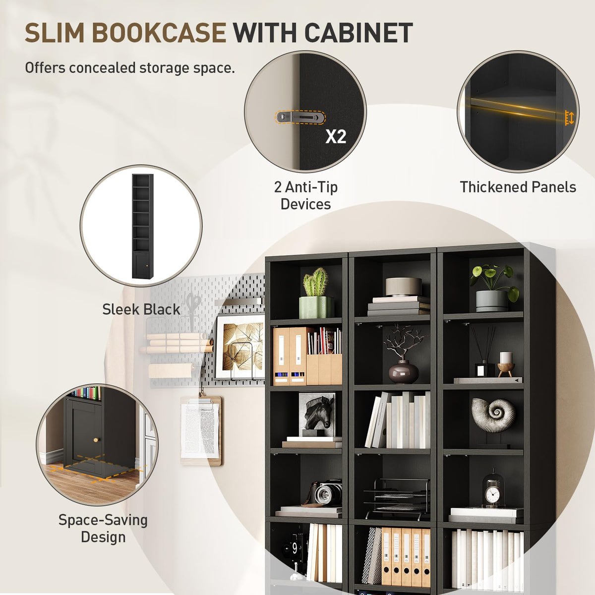 7-Tier Narrow Bookshelf with Door and Storage Cabinet, Black K959182