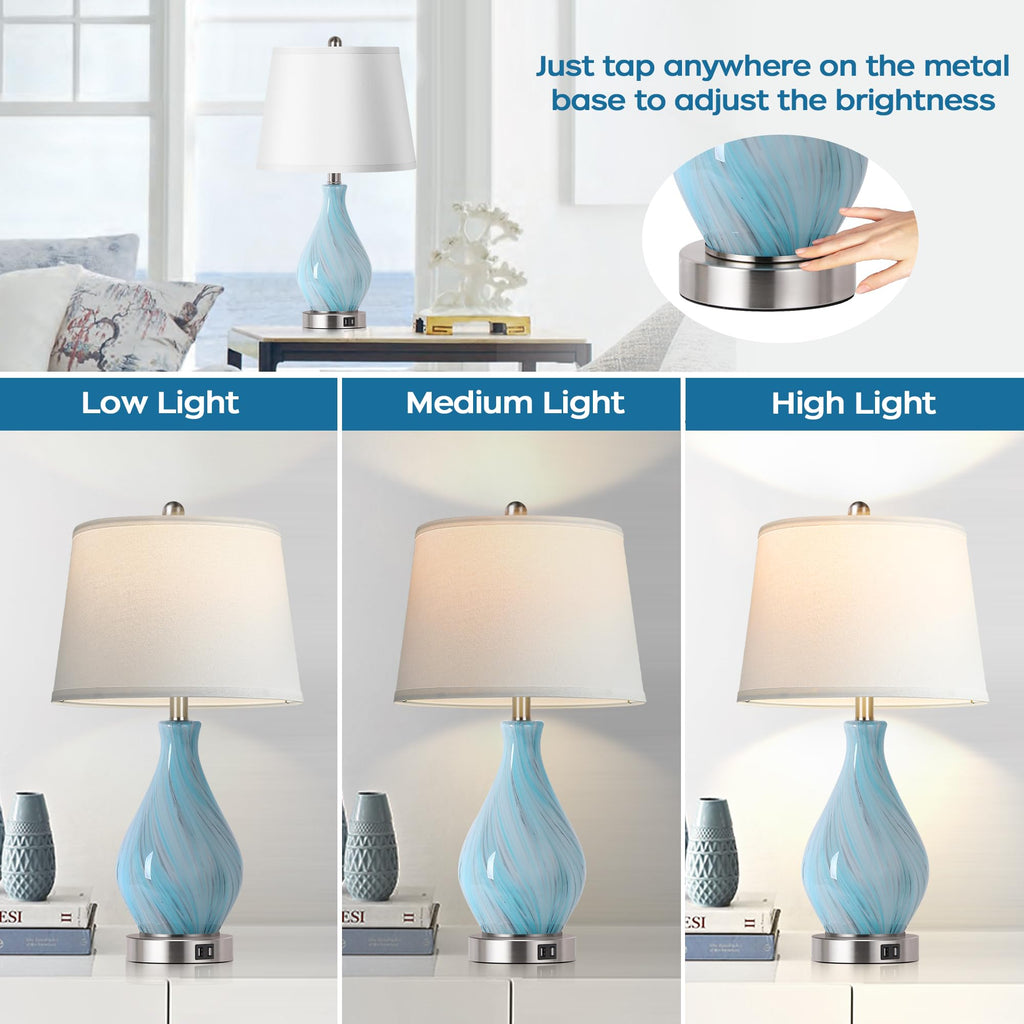 Set of 2 Touch Control Art Glass Table Lamp with USB Ports M83754