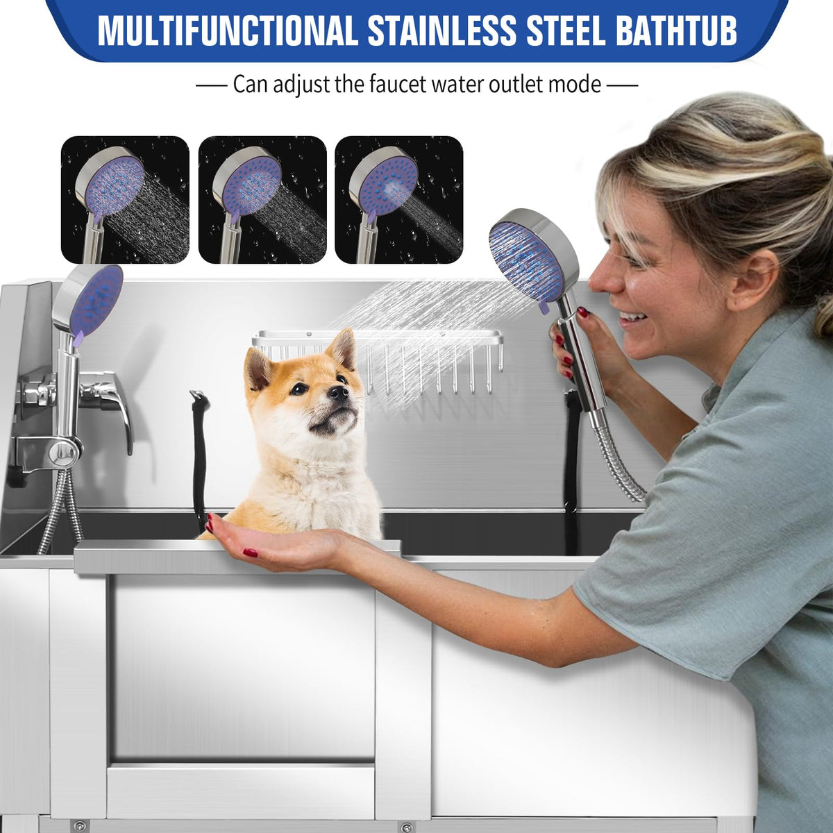 Height Adjustable Stainless Steel Dog Grooming Tub W92446