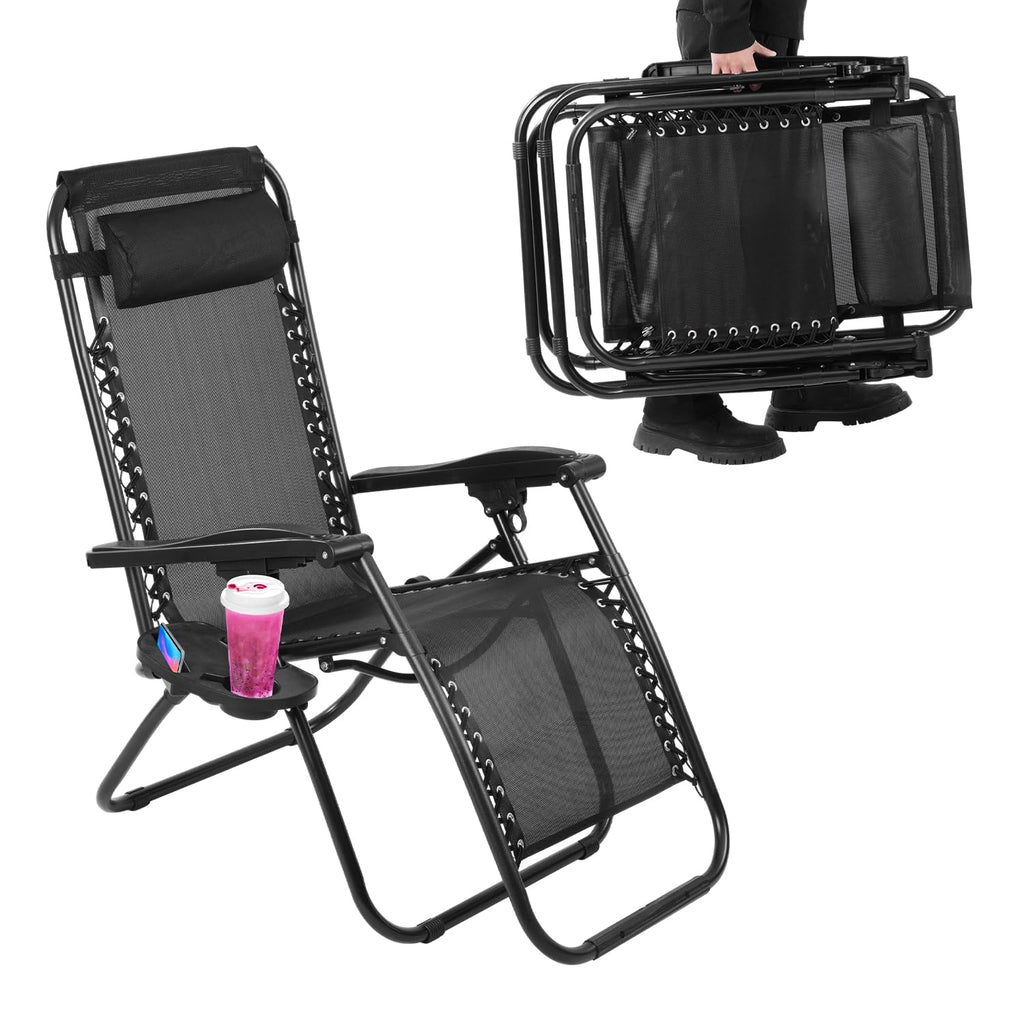 Black Adjustable Steel Mesh Zero Gravity Lounge Chair with Pillow and Cup Holder W7226