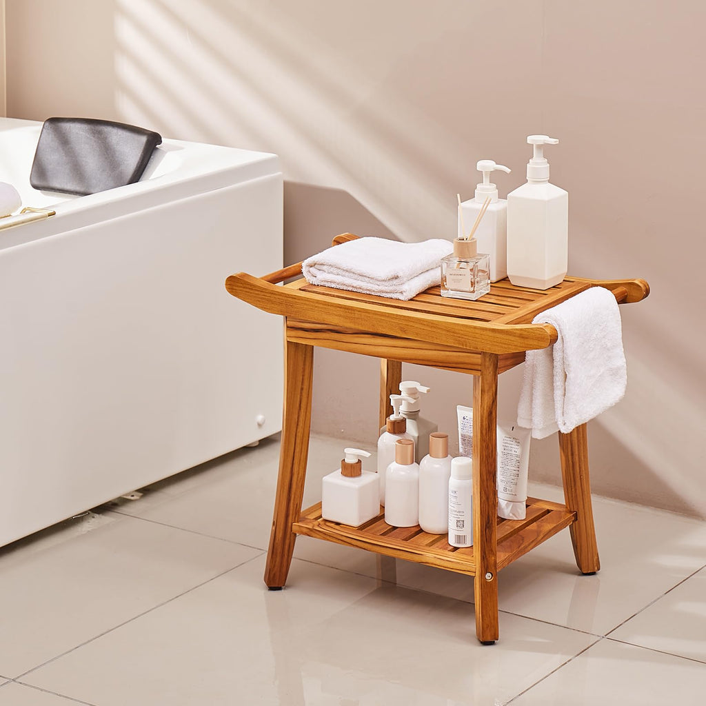 Teak Shower Bench with Storage Shelf F413368