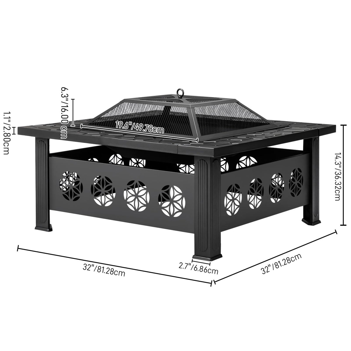 32 Inch Square Wood Burning Fire Pit Table with Spark Screen Lid and Fire Poker, Black J8070