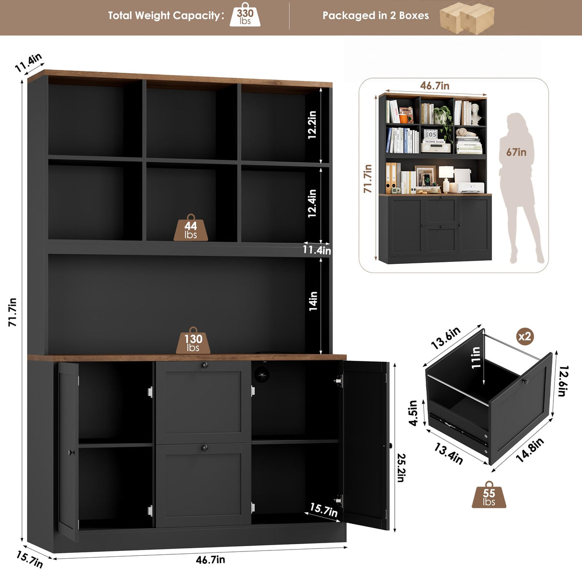 72'' Tall File Bookcase with Power Outlet & 2 Filing Drawers V324