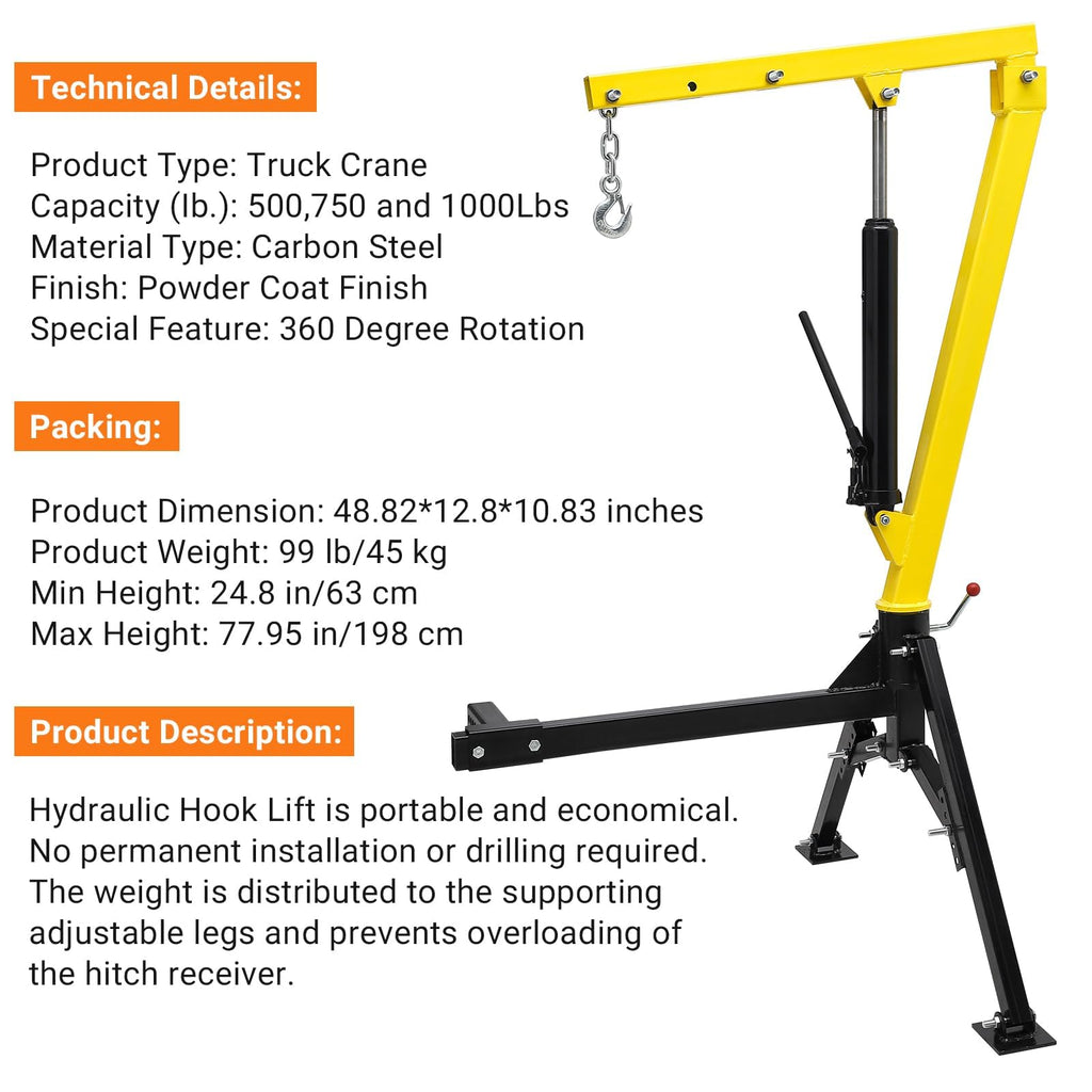 1000 LBS Hydraulic Truck-Mounted Crane with 360° Swivel K89993