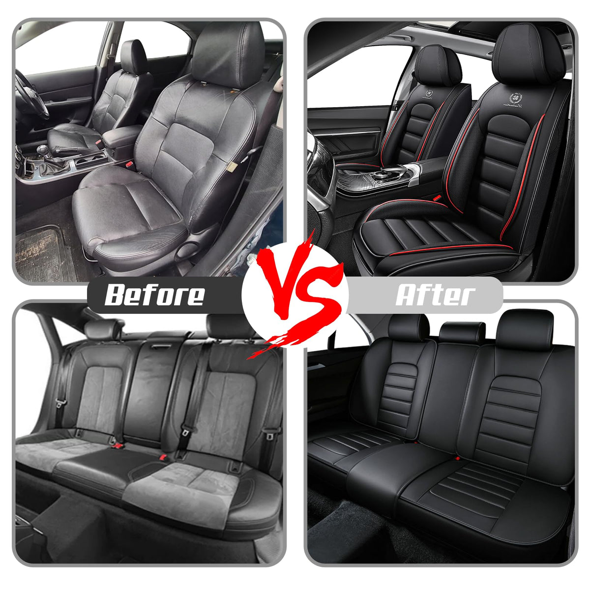 Waterproof Nappa Leather Full Coverage Car Seat Covers Full Set Black Red T204793
