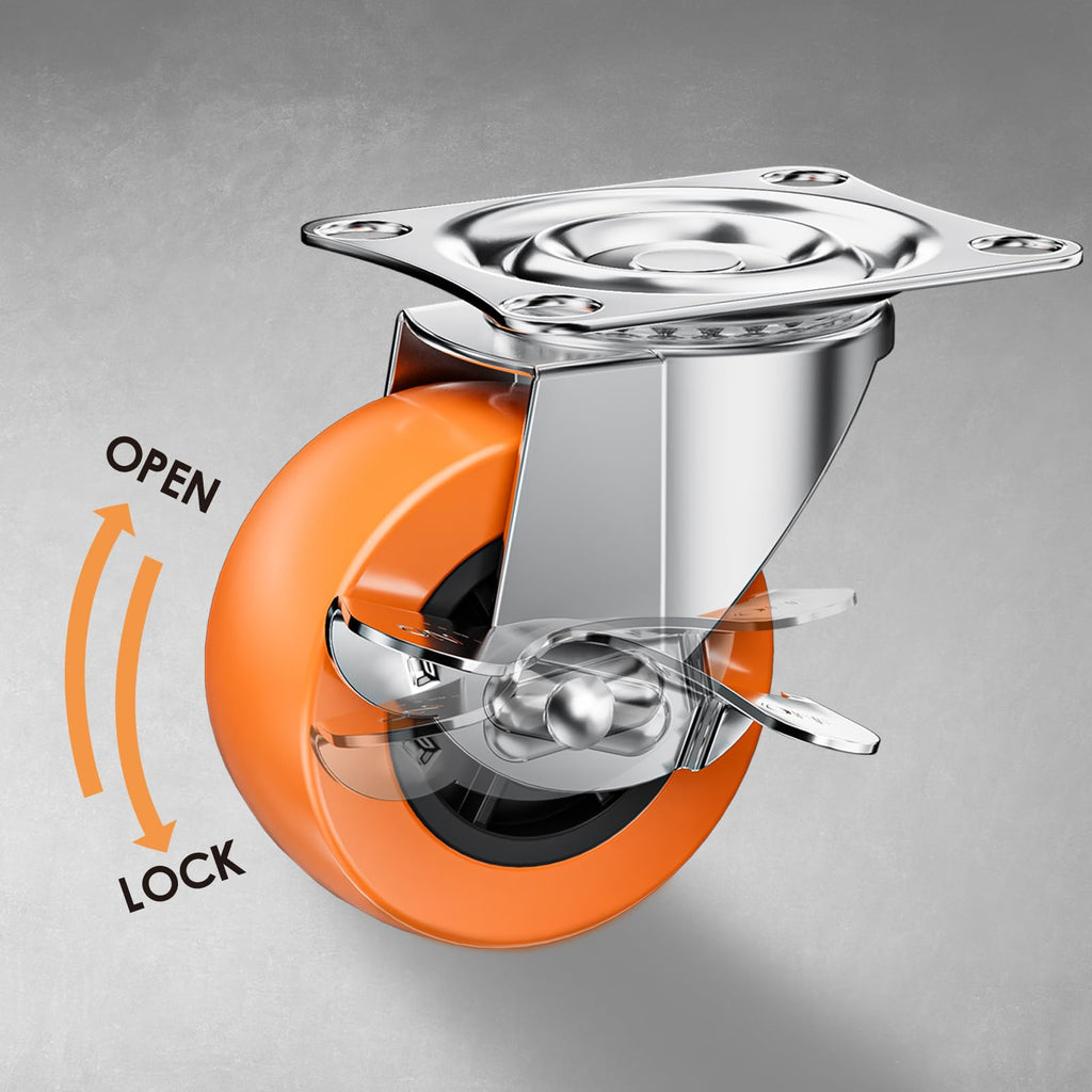 2" Plate Casters with Brake, 8 Pack PU Swivel Wheels T78983