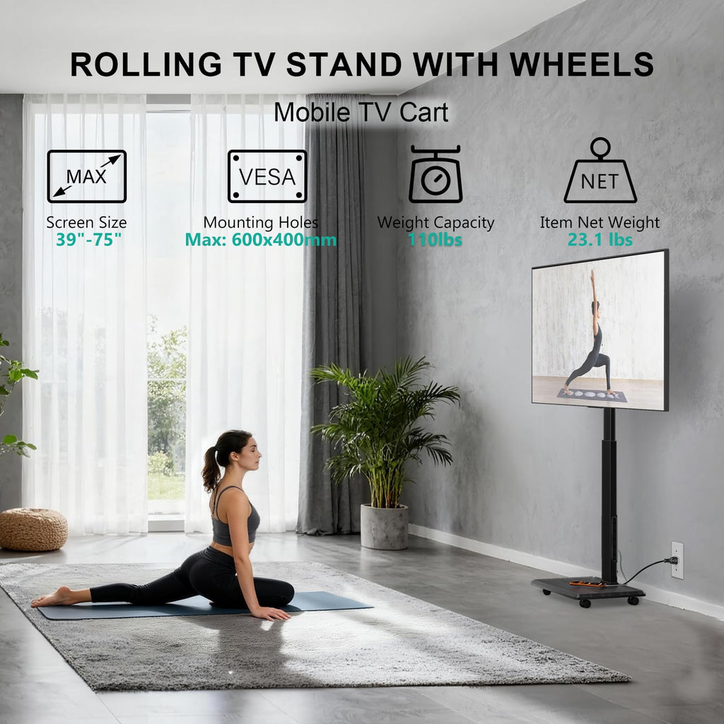 Rolling TV Stand with Power Outlet for 39-75 inch TV, Black O491