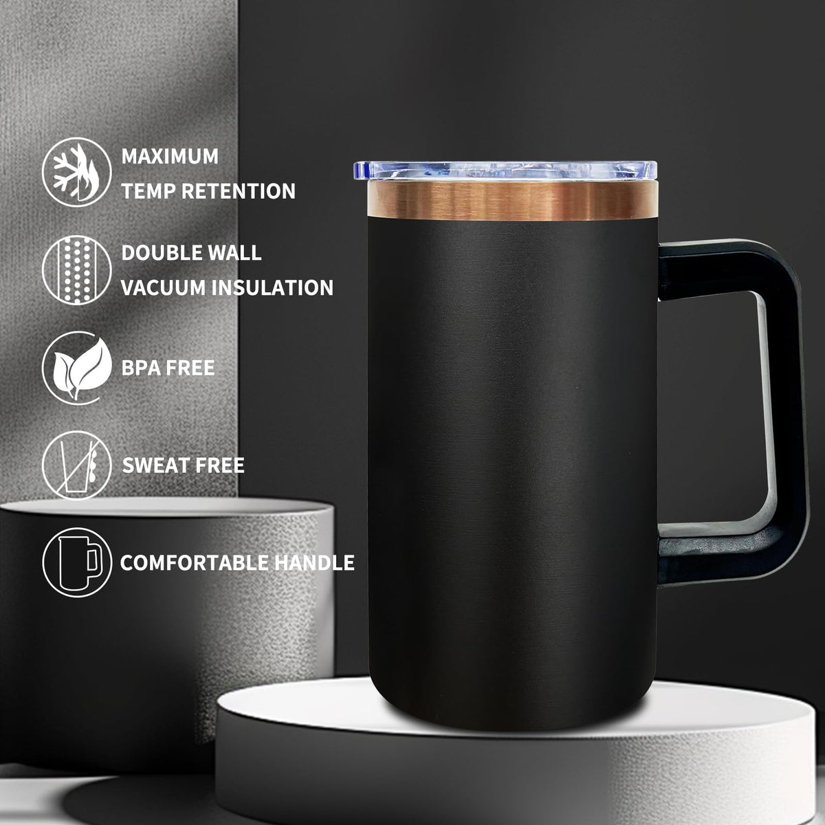 22oz Insulated Coffee Mug with Handle and Lid Black A2167