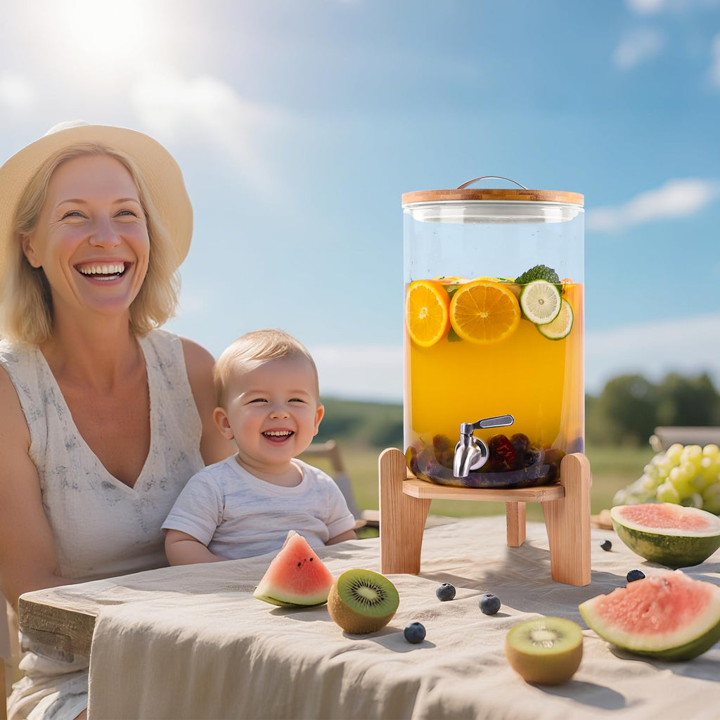 2 Gallon Glass Beverage Dispenser with Wood Stand and Stainless Steel Spigot T584
