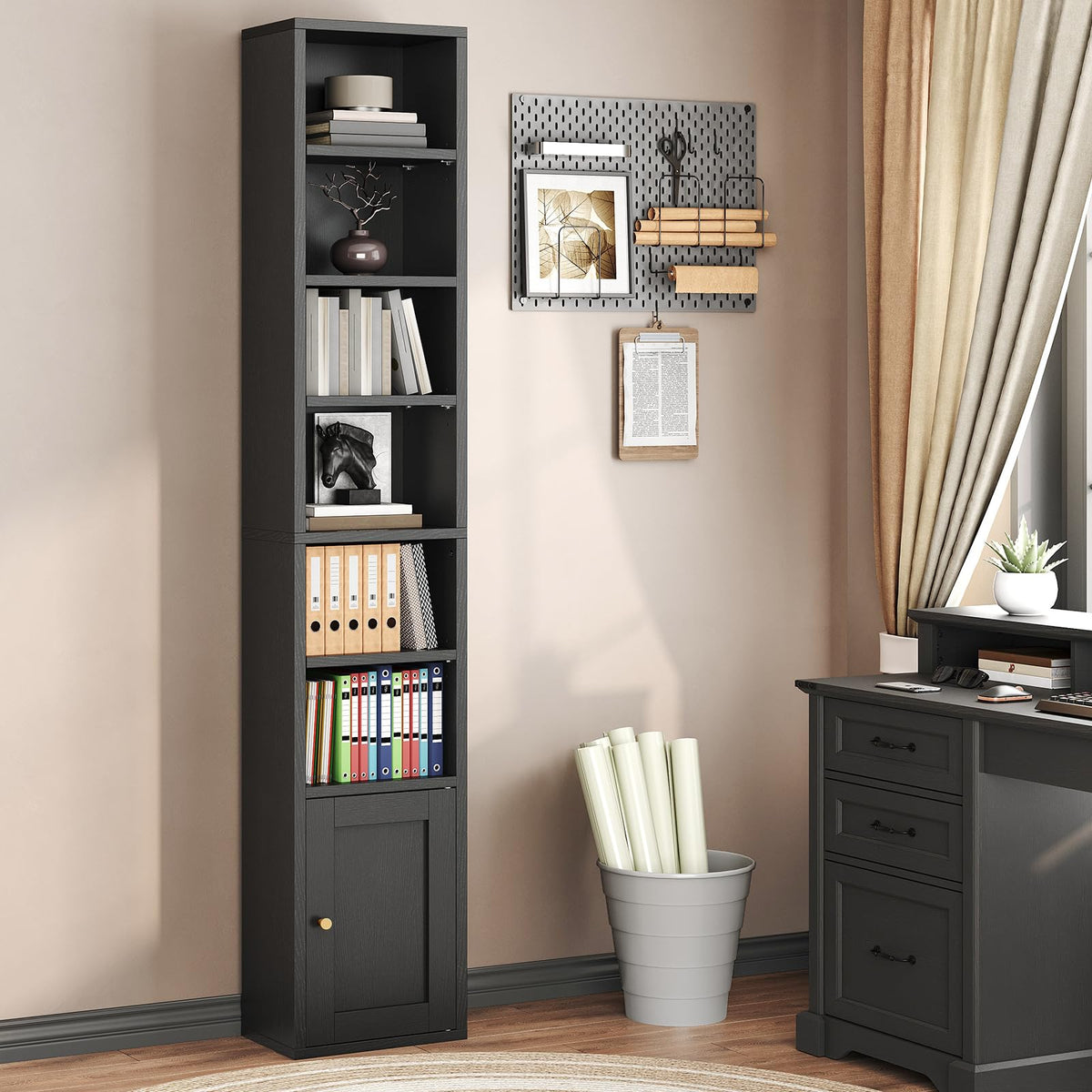 7-Tier Narrow Bookshelf with Door and Storage Cabinet, Black K959182