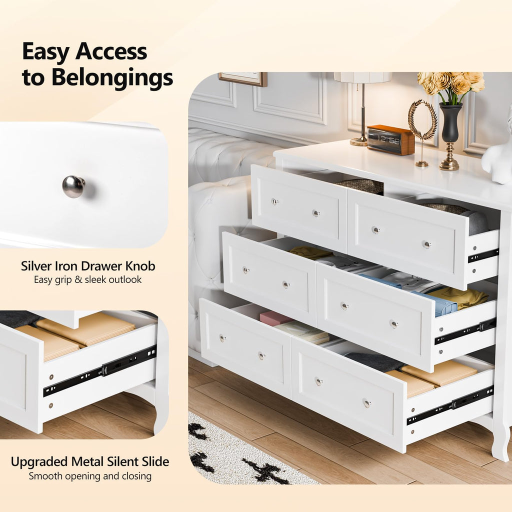 White 6 Drawer Wood Dresser with Curved Legs U22621