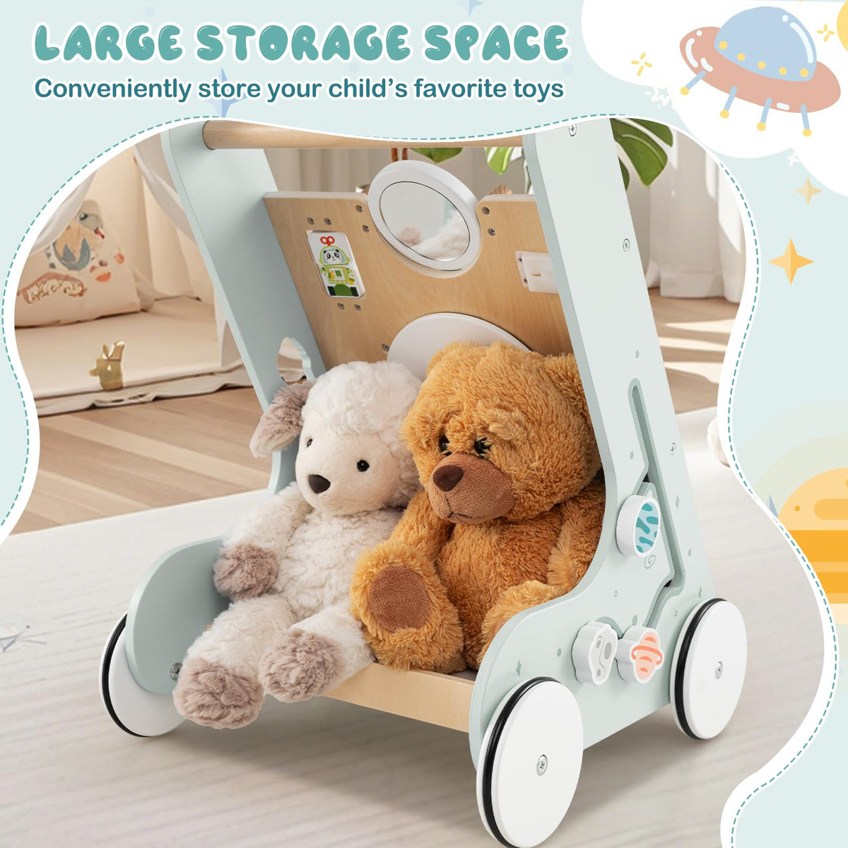 Wooden Baby Walker Push and Pull Learning Activity Center with Wheels Storage Green O86115