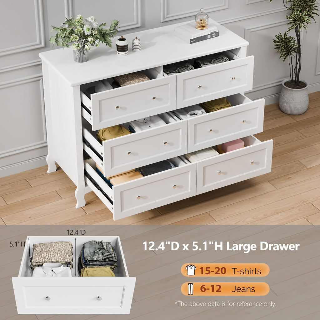 White 6 Drawer Wood Dresser with Curved Legs U22621