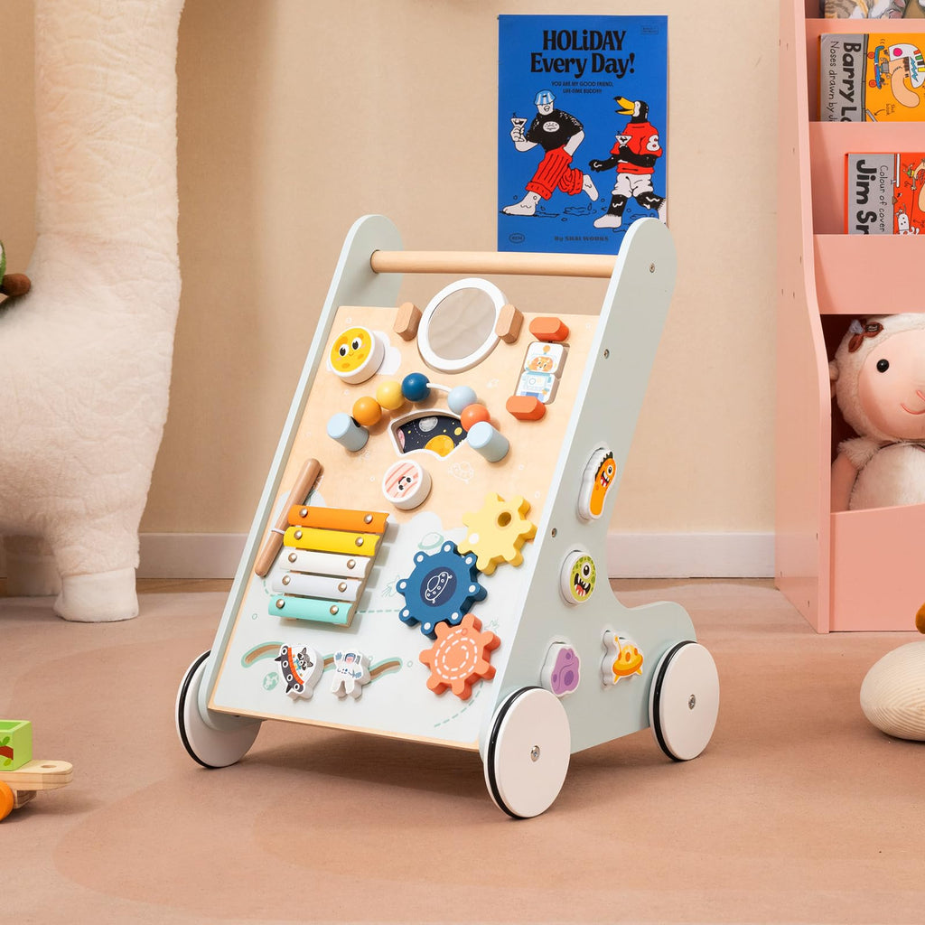 Wooden Baby Walker Push and Pull Learning Activity Center with Wheels Storage Green O86115