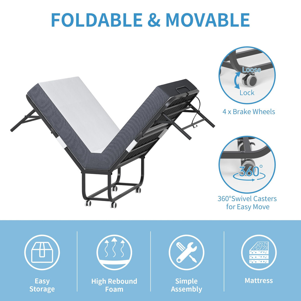Folding Bed with Mattress, Twin Size Metal Bed Frame with Wheels L452994