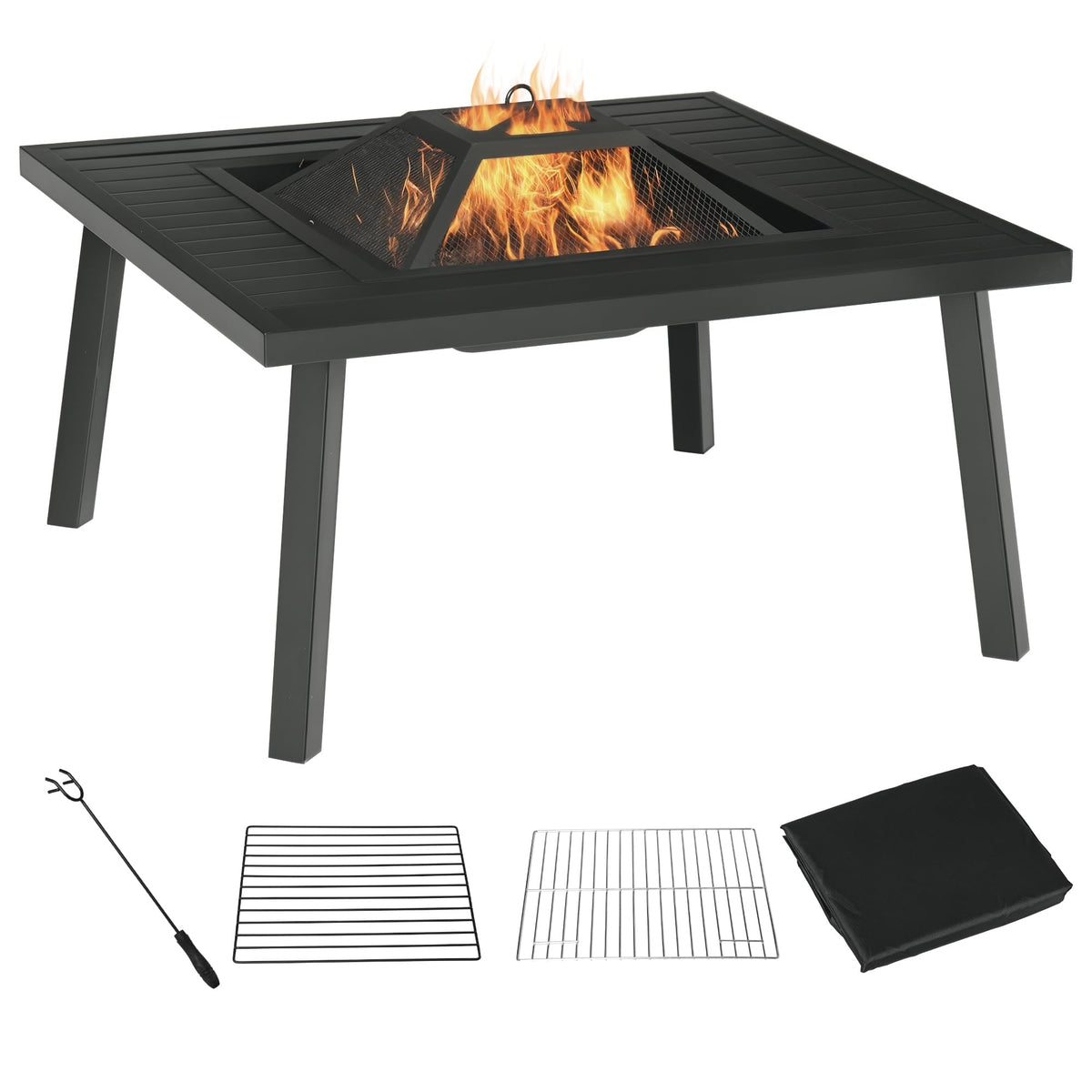 34" Fire Pit with Grill Spark Screen Poker Cover Black U8558