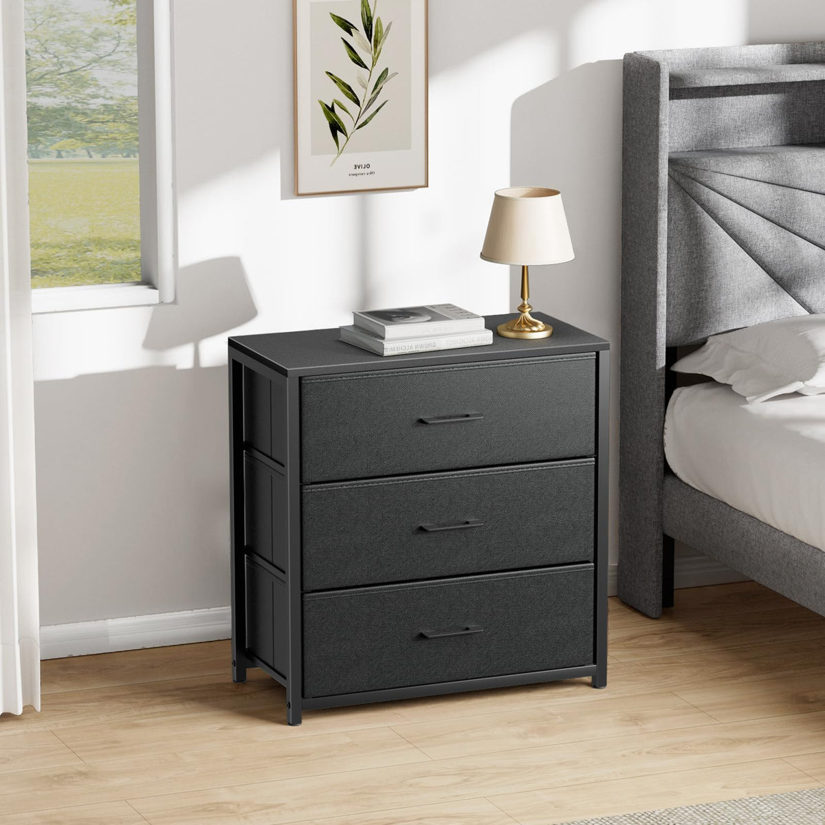 Black 3 Fabric Drawer Nightstand B358961