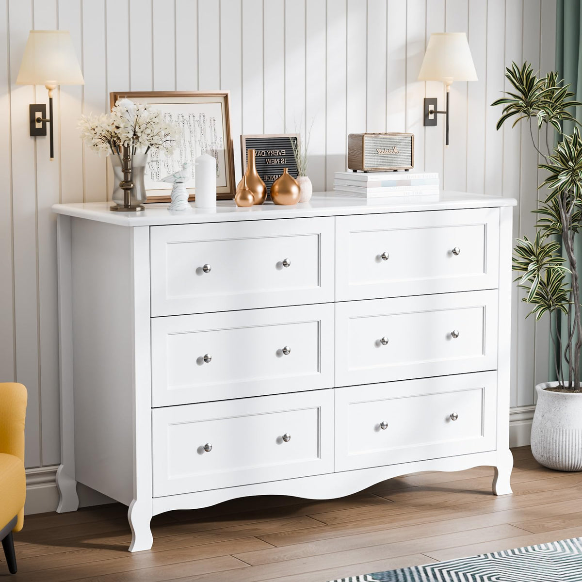 White 6 Drawer Wood Dresser with Curved Legs U22621