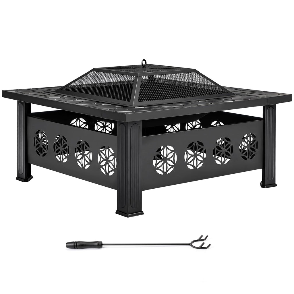 32 Inch Square Wood Burning Fire Pit Table with Spark Screen Lid and Fire Poker, Black J8070