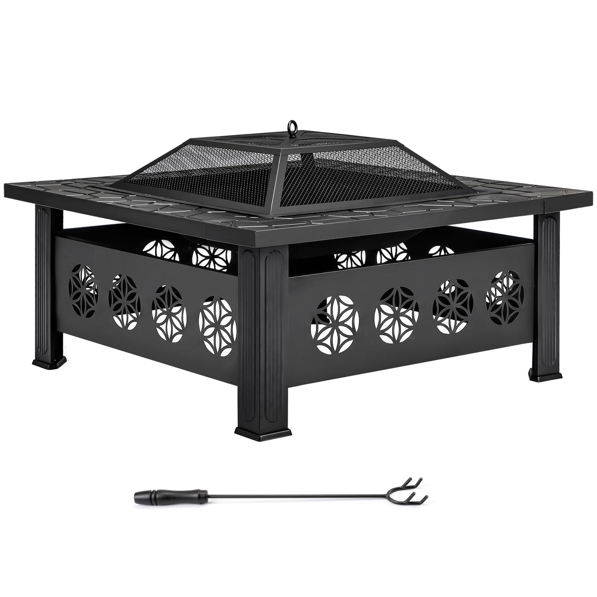32 Inch Square Wood Burning Fire Pit Table with Spark Screen Lid and Fire Poker, Black J8070