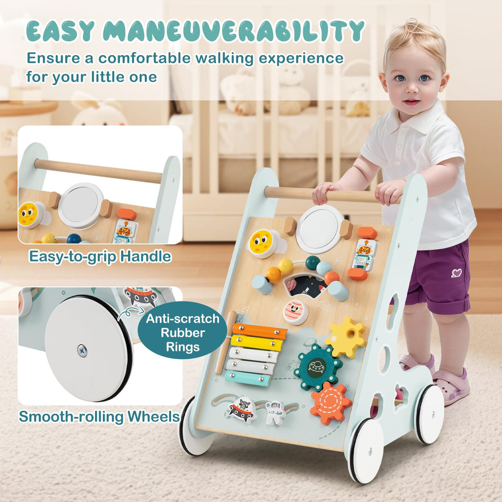 Wooden Baby Walker Push and Pull Learning Activity Center with Wheels Storage Green O86115