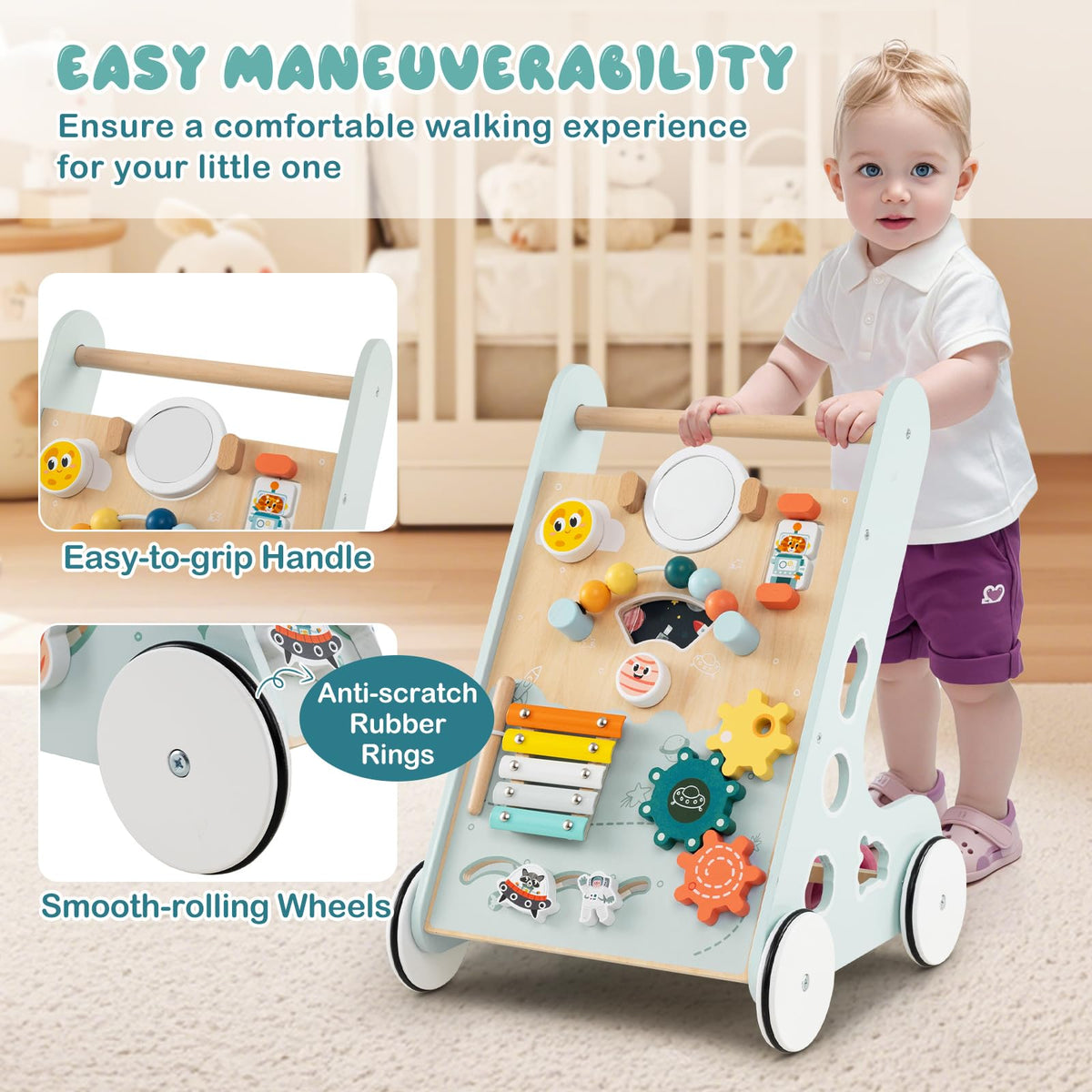 Wooden Baby Walker Push and Pull Learning Activity Center with Wheels Storage Green O86115