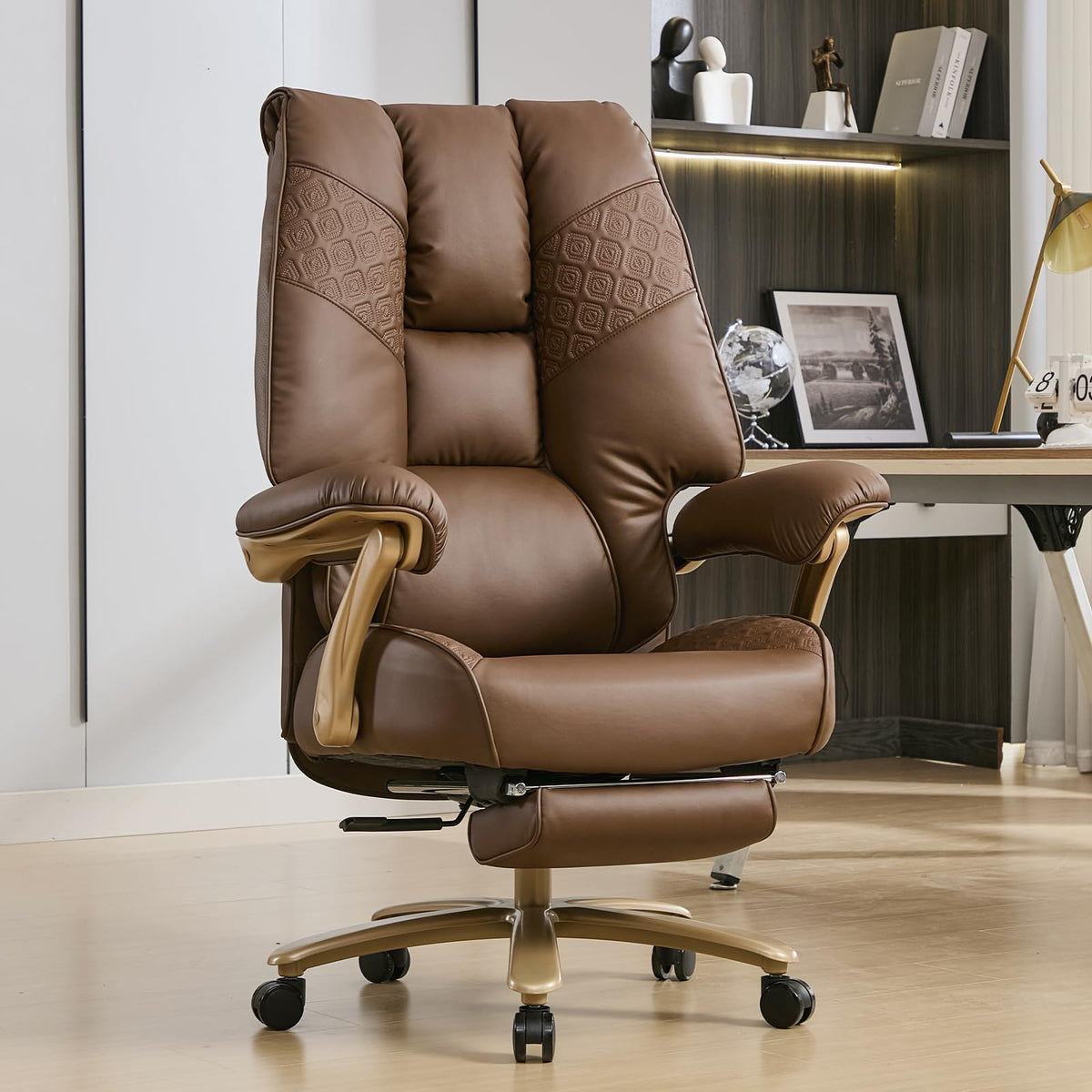 Big and Tall Ergonomic Office Chair with Footrest, 400LBS Capacity Brown PU Leather W3524