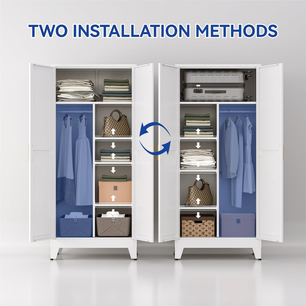 Metal Wardrobe Closet with Doors, 71'' Tall Steel Armoire with Shelves C77152