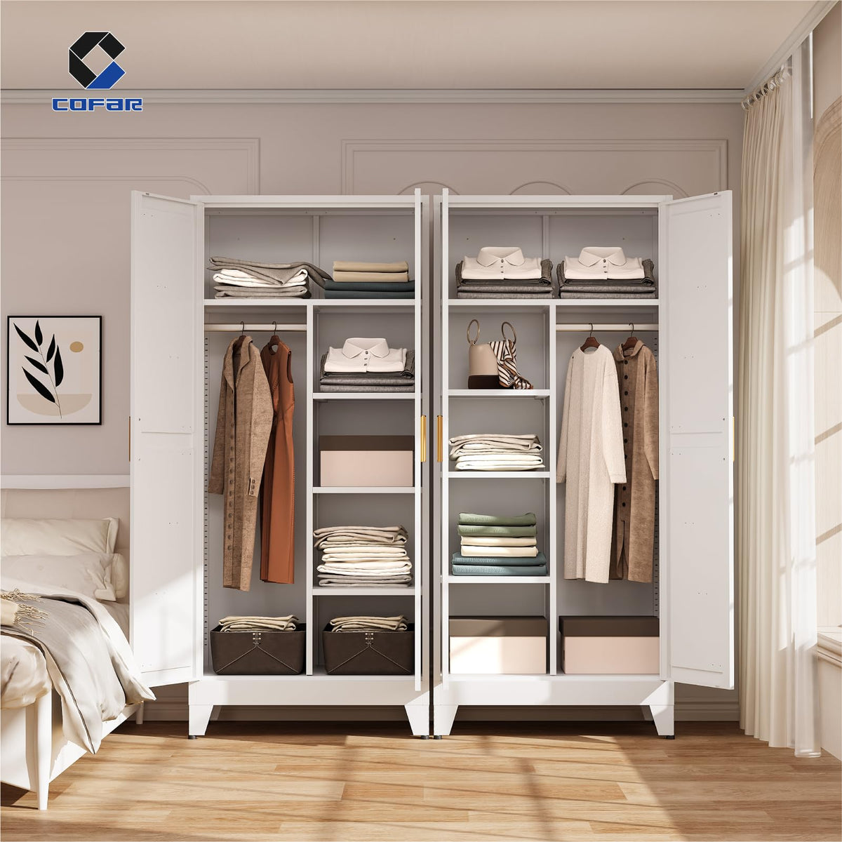 Metal Wardrobe Closet with Doors, 71'' Tall Steel Armoire with Shelves C77152