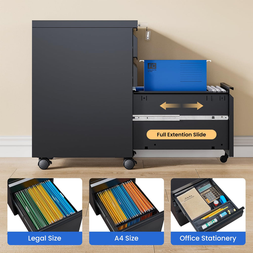 Black 3 Drawer Metal File Cabinet with Lock J880