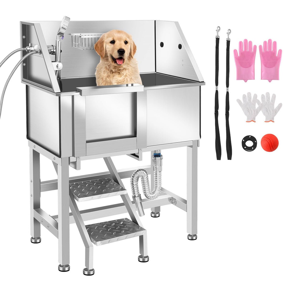 Height Adjustable Stainless Steel Dog Grooming Tub W92446