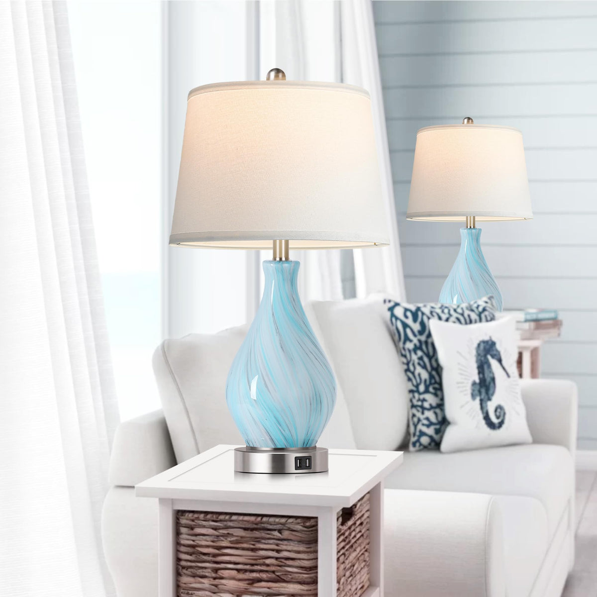 Set of 2 Touch Control Art Glass Table Lamp with USB Ports M83754