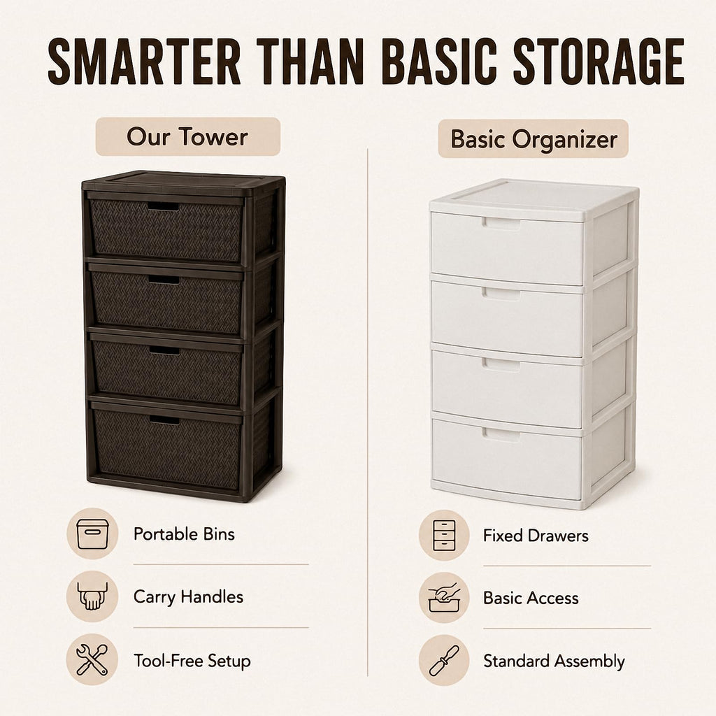Brown 4-Drawer Plastic Storage Tower F323