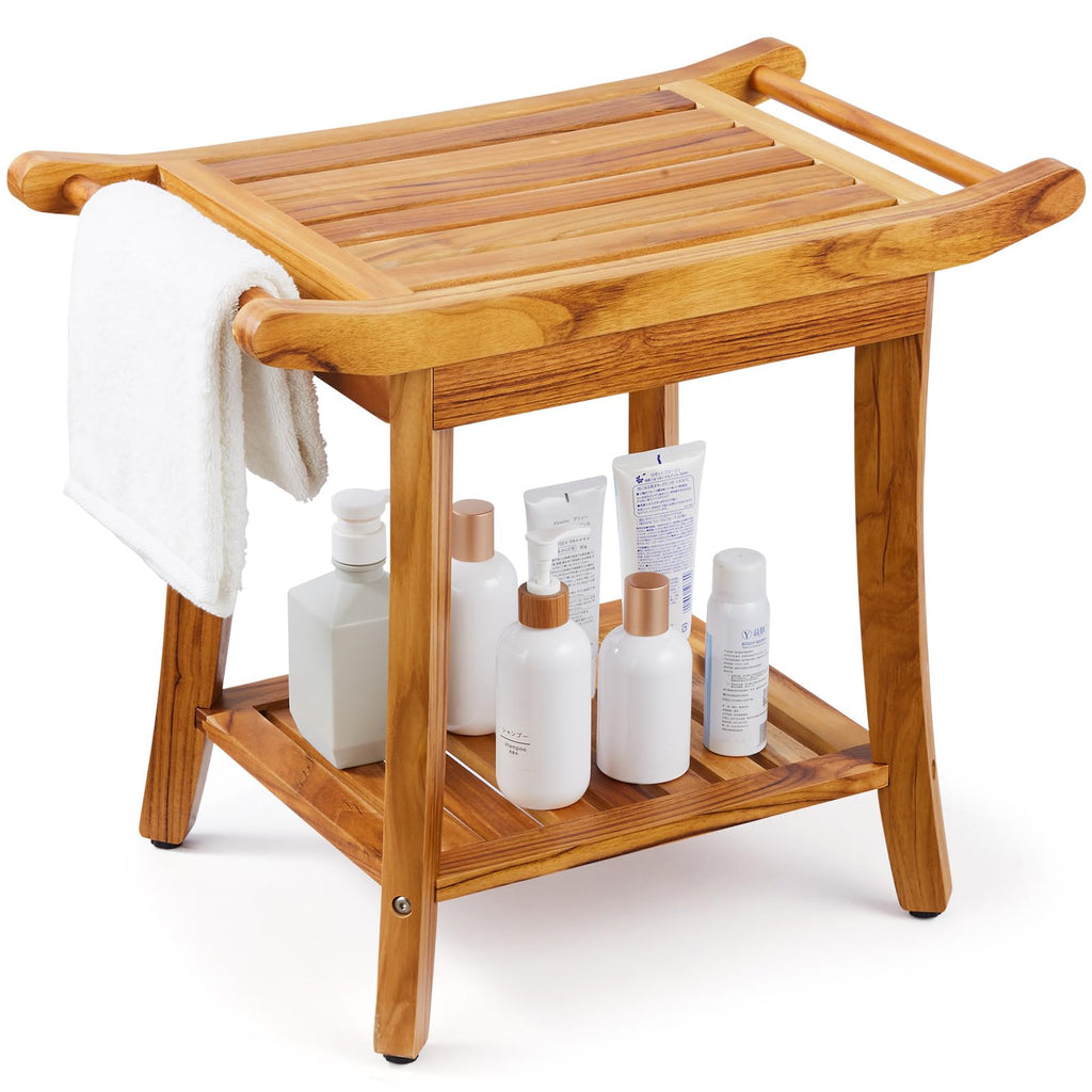 Teak Shower Bench with Storage Shelf F413368