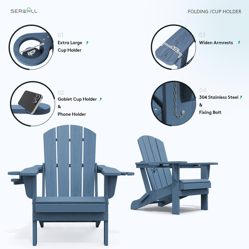 Blue Foldable Adirondack Chair Set of 2 with Cup Holders Q700