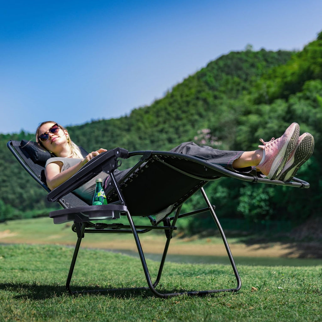 Black Adjustable Steel Mesh Zero Gravity Lounge Chair with Pillow and Cup Holder W7226
