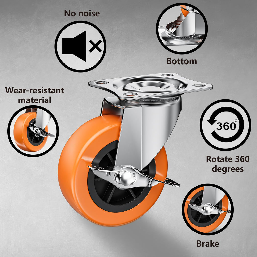 2" Plate Casters with Brake, 8 Pack PU Swivel Wheels T78983