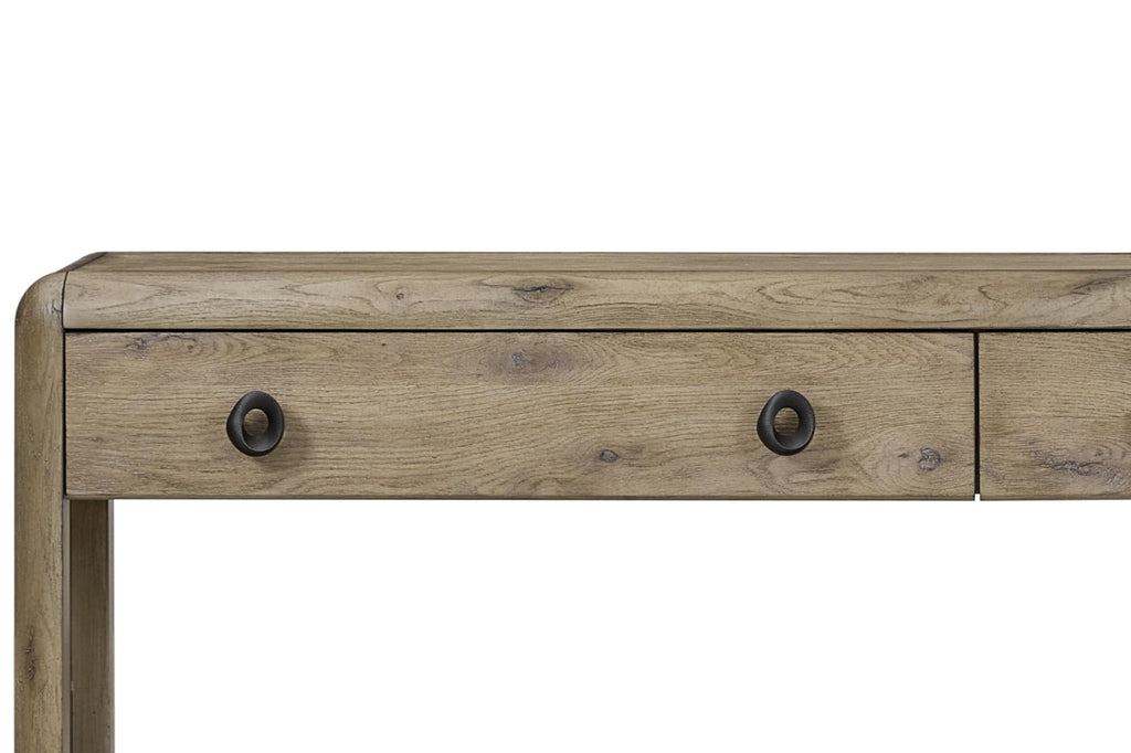 English Knotty Oak Console Table, Solid Wood and Engineered Wood Veneer, Two Self-Closing Drawers, Open Lower Shelf, Rounded Edges, 72 x 16 x 32.25 Inchs, Oak Finish S603510