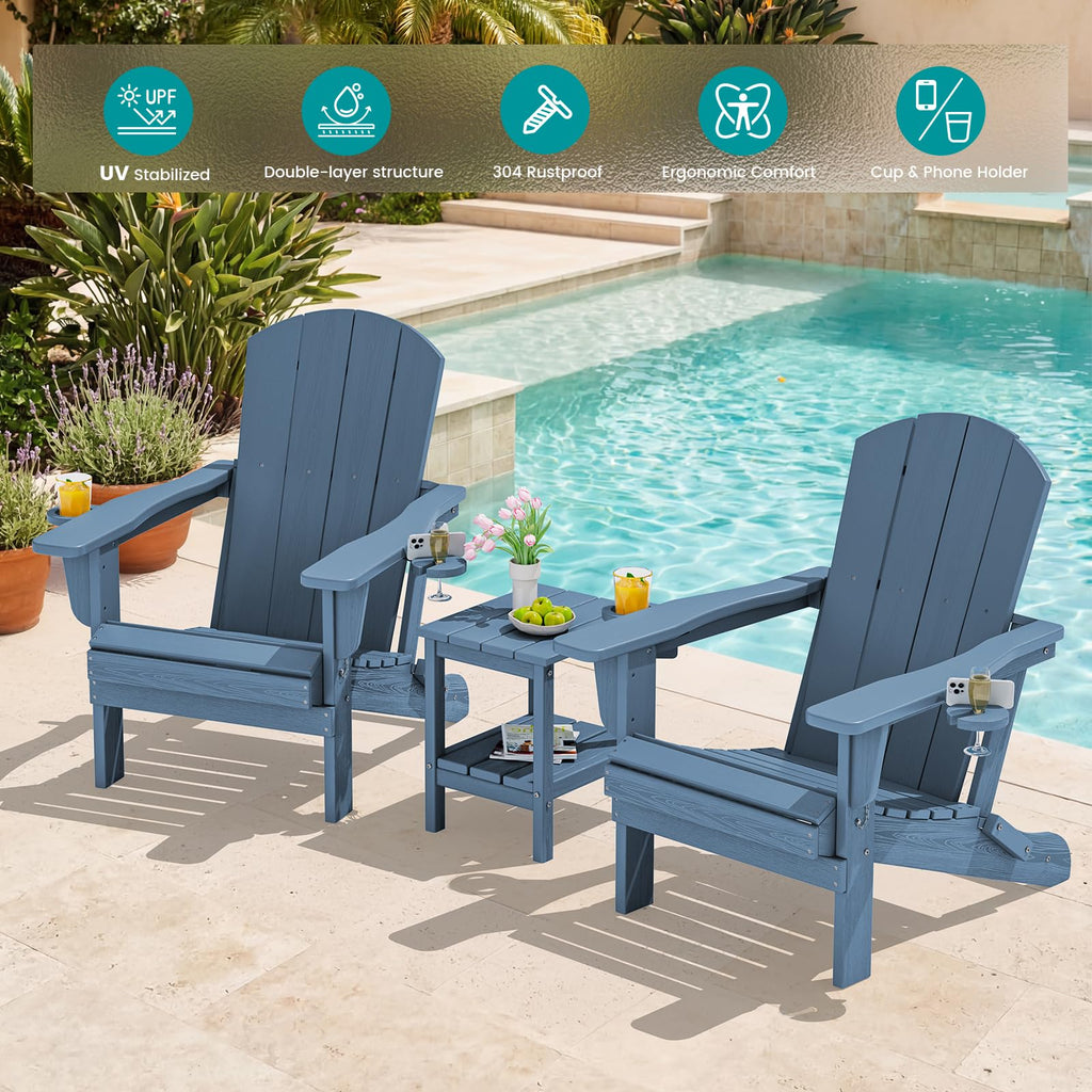 Blue Foldable Adirondack Chair Set of 2 with Cup Holders Q700