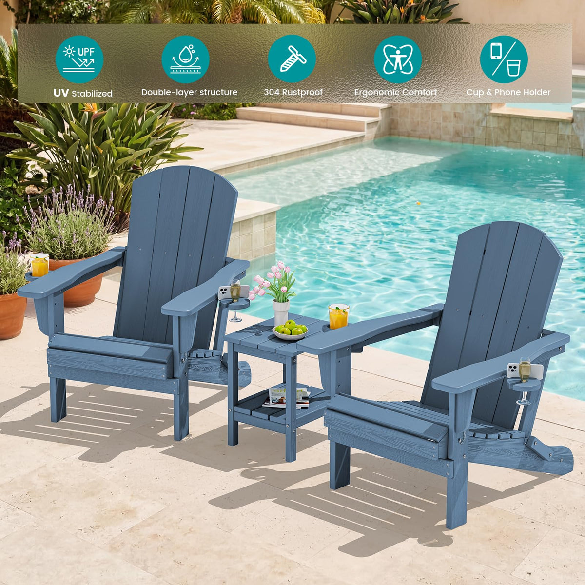 Blue Foldable Adirondack Chair Set of 2 with Cup Holders Q700