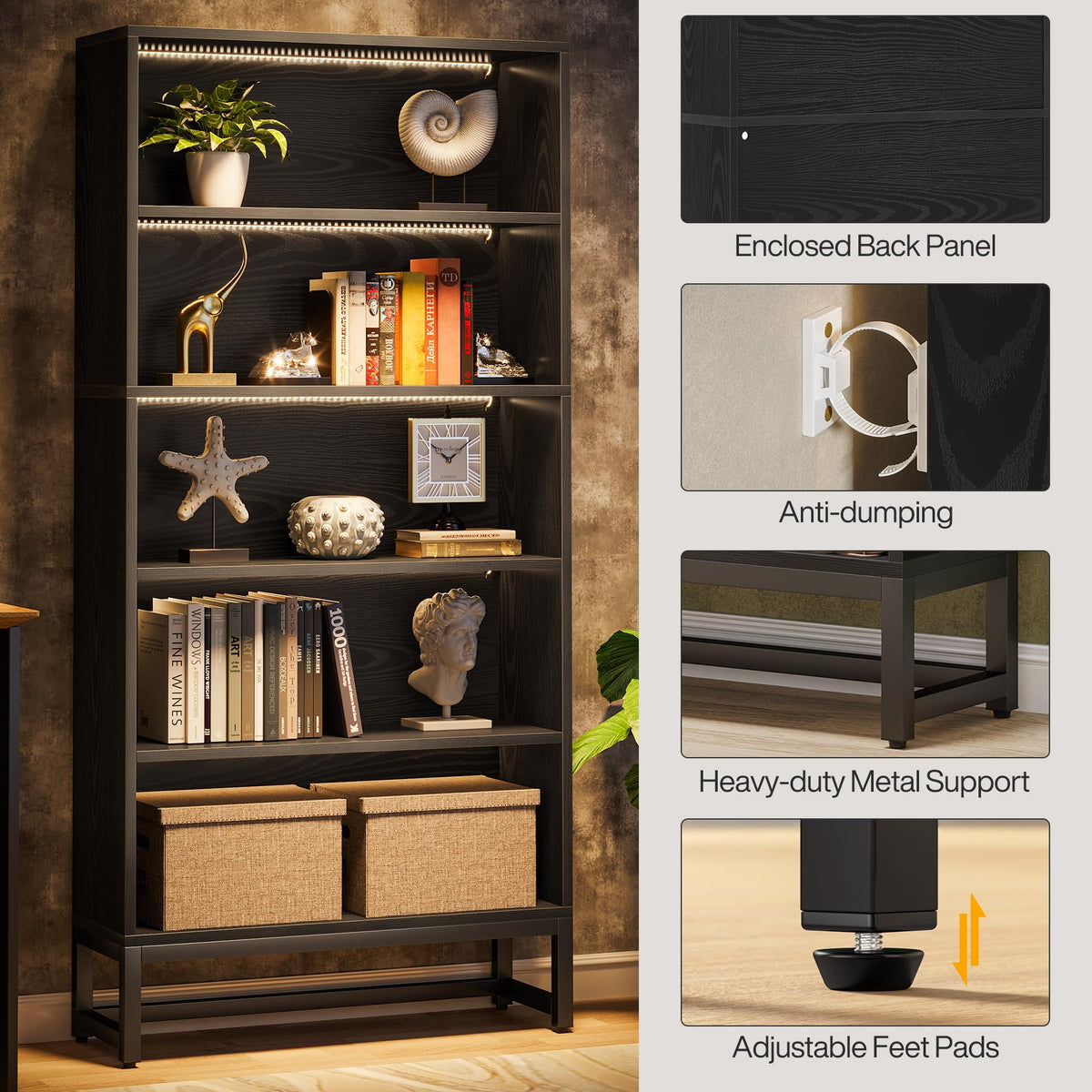 Black 70.8” 5-Tier Bookcase with LED Lights X2333