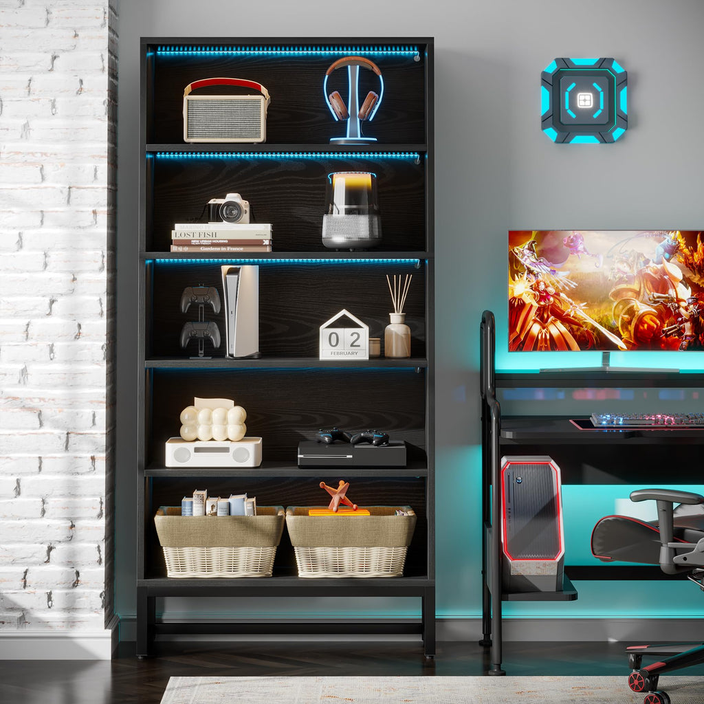 Black 70.8” 5-Tier Bookcase with LED Lights X2333
