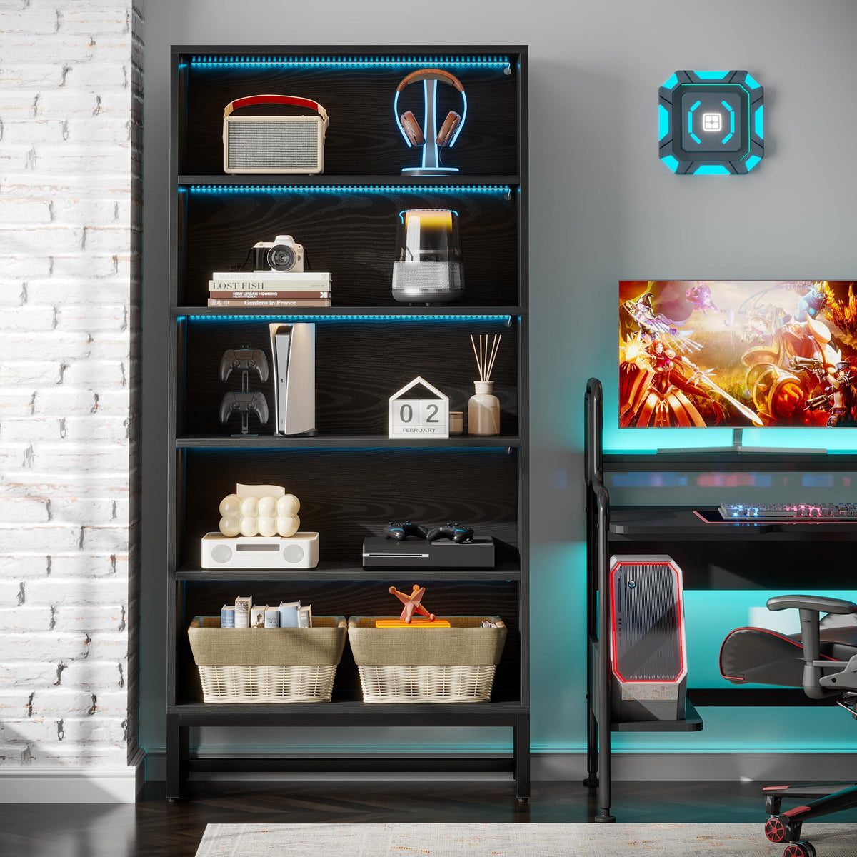 Black 70.8” 5-Tier Bookcase with LED Lights X2333