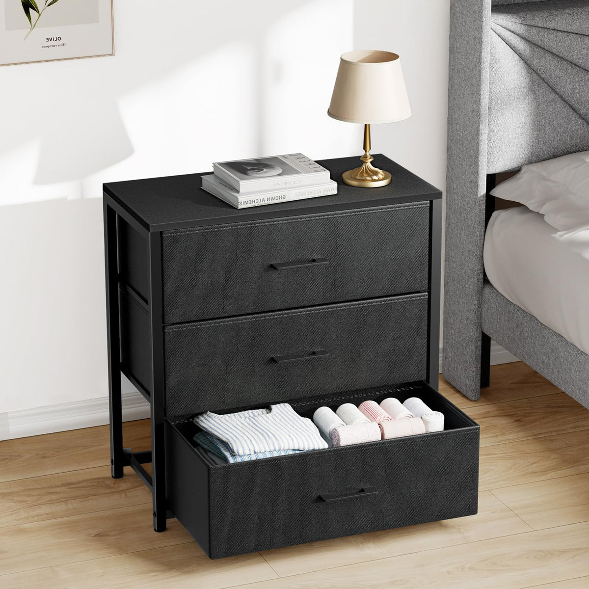 Black 3 Fabric Drawer Nightstand B358961