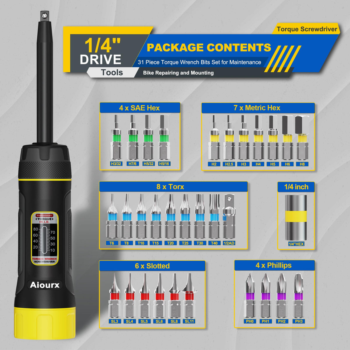 32 Piece 1/4" Drive Long Shank Torque Screwdriver Set V75823